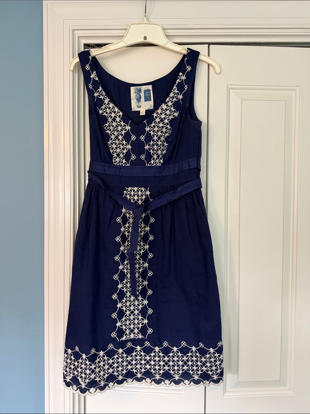 Embroidered Navy Midi Dress with Belt
